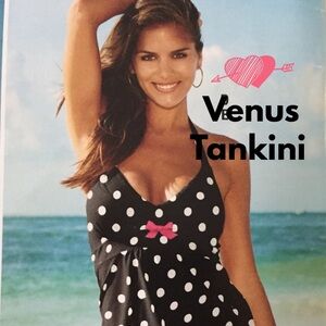 VENUS Black and White Polka Dot Tankini with Pink Bow
